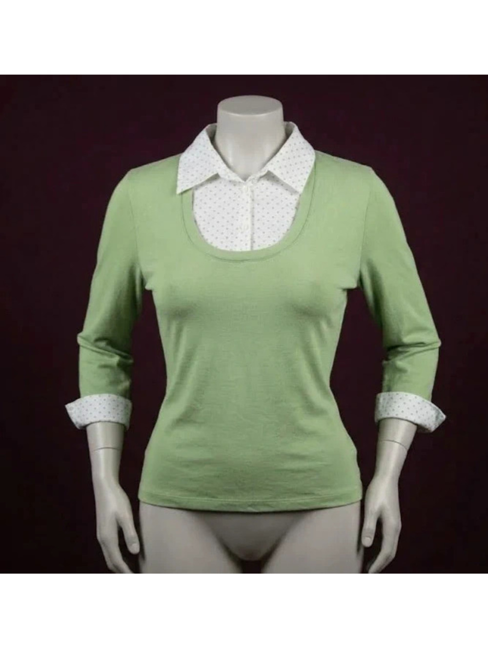 Jason Maxwell 2-in-1 Layered Look Top Sage Green Polka Dot Collar Size L